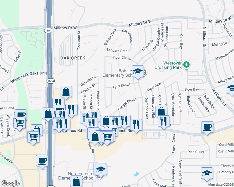 map of restaurants, bars, coffee shops, grocery stores, and more near 820 Cub Path in San Antonio