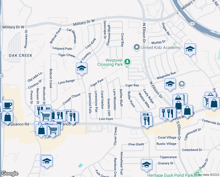 map of restaurants, bars, coffee shops, grocery stores, and more near 671 Granite Cliff in San Antonio