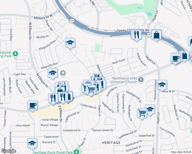 map of restaurants, bars, coffee shops, grocery stores, and more near 9230 Dugas Drive in San Antonio