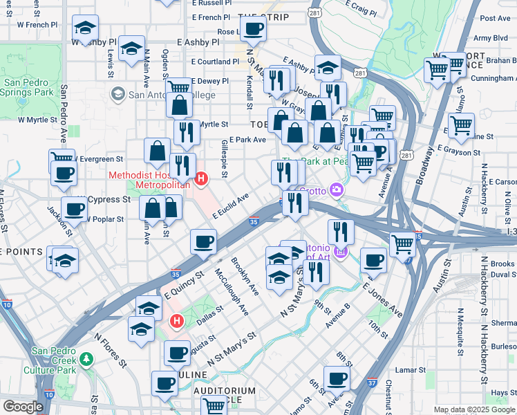 map of restaurants, bars, coffee shops, grocery stores, and more near 801 East Elmira Street in San Antonio