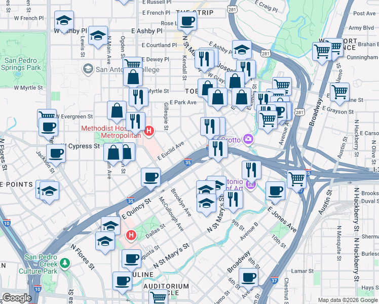 map of restaurants, bars, coffee shops, grocery stores, and more near 801 East Elmira Street in San Antonio