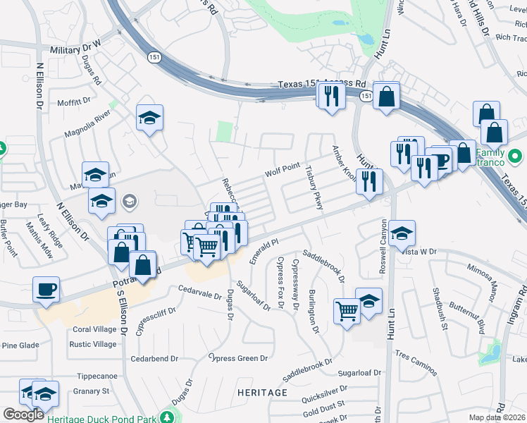 map of restaurants, bars, coffee shops, grocery stores, and more near 6910 Summer Vail in San Antonio