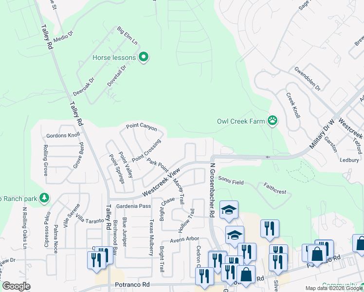 map of restaurants, bars, coffee shops, grocery stores, and more near 727 Point Creek in San Antonio