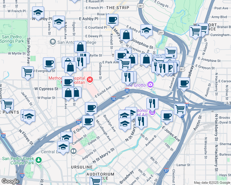 map of restaurants, bars, coffee shops, grocery stores, and more near 801 East Elmira Street in San Antonio