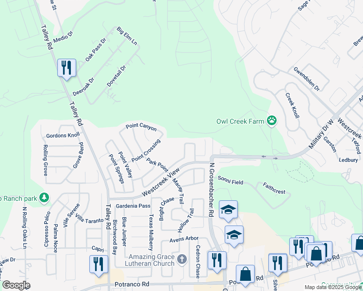 map of restaurants, bars, coffee shops, grocery stores, and more near 727 Point Creek in San Antonio