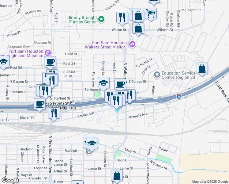 map of restaurants, bars, coffee shops, grocery stores, and more near 702 Sandmeyer Street in San Antonio