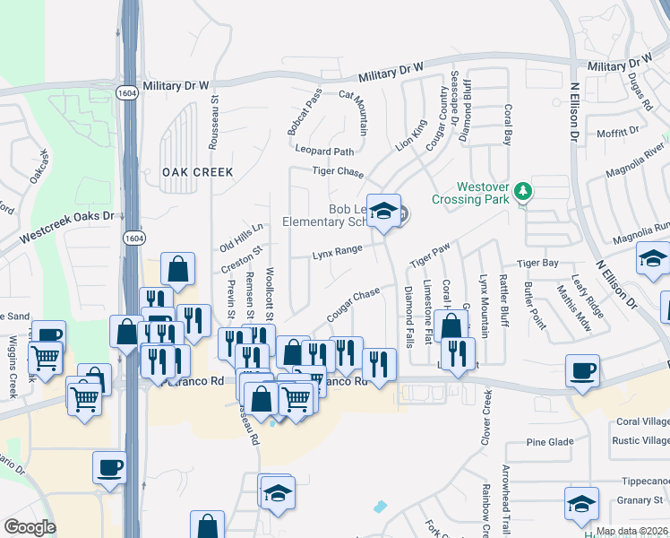map of restaurants, bars, coffee shops, grocery stores, and more near 820 Cub Path in San Antonio