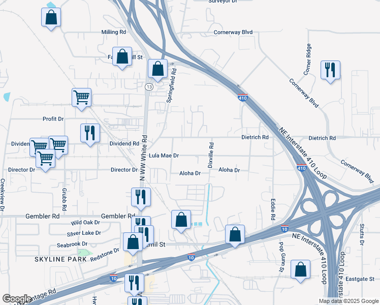 map of restaurants, bars, coffee shops, grocery stores, and more near 235 Lula Mae in San Antonio