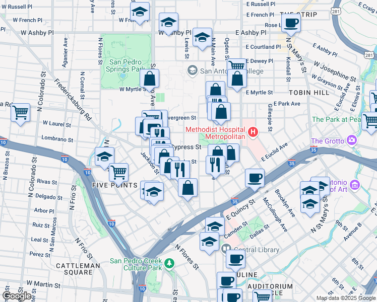 map of restaurants, bars, coffee shops, grocery stores, and more near 216 West Cypress Street in San Antonio