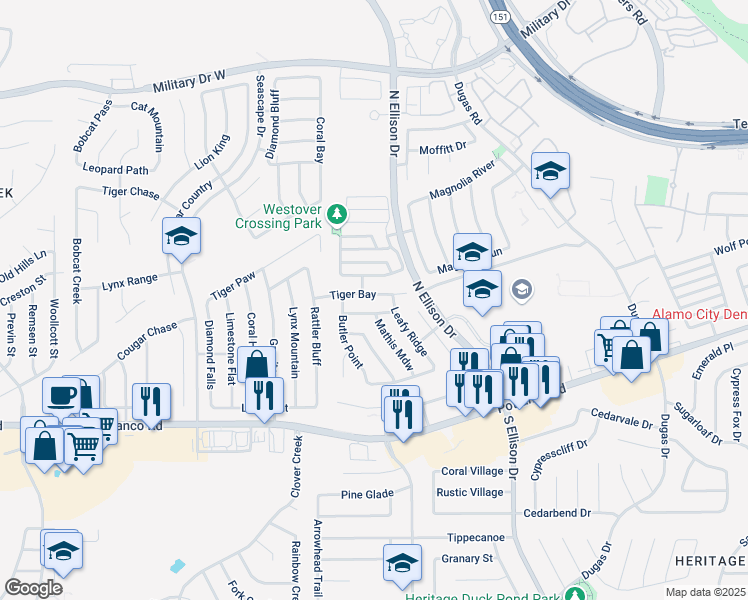 map of restaurants, bars, coffee shops, grocery stores, and more near 10122 Tiger Bay in San Antonio