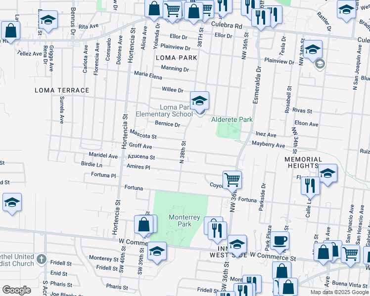 map of restaurants, bars, coffee shops, grocery stores, and more near 259 Groff Avenue in San Antonio