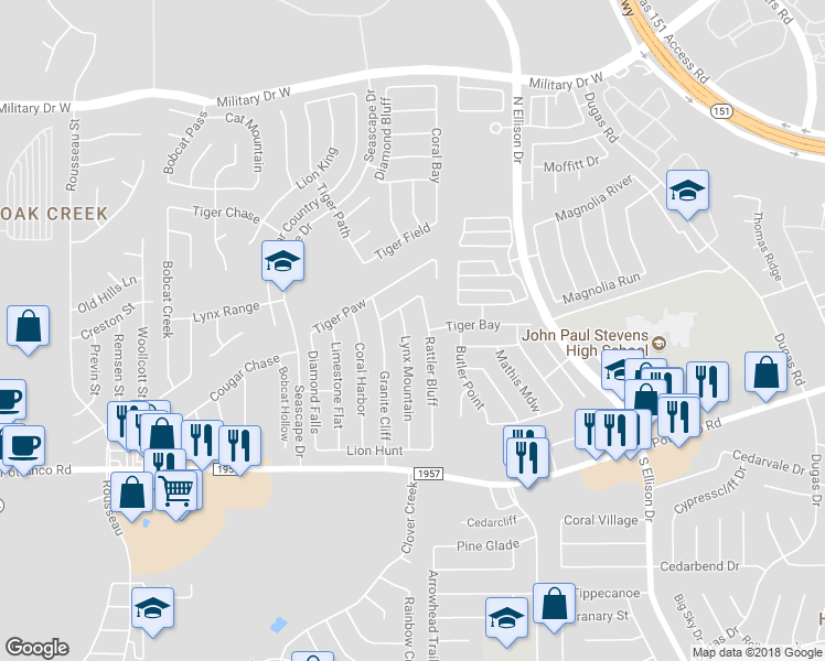 map of restaurants, bars, coffee shops, grocery stores, and more near 662 Lynx Mountain in San Antonio