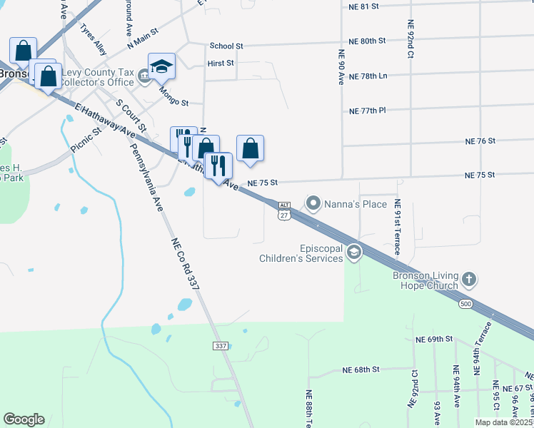 map of restaurants, bars, coffee shops, grocery stores, and more near 894 East Hathaway Avenue in Bronson