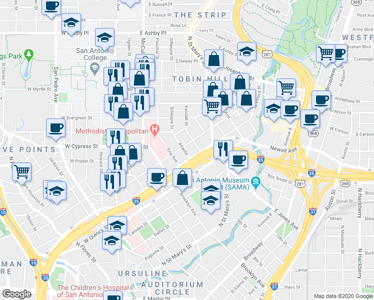 map of restaurants, bars, coffee shops, grocery stores, and more near 623 East Euclid Avenue in San Antonio
