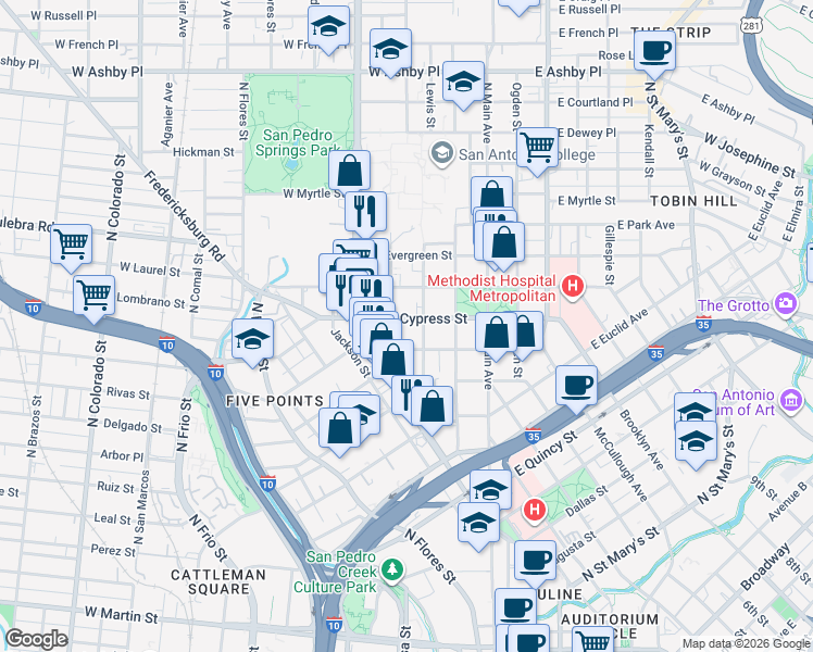 map of restaurants, bars, coffee shops, grocery stores, and more near 316 West Cypress Street in San Antonio