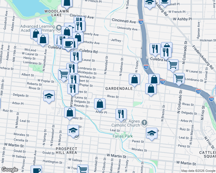 map of restaurants, bars, coffee shops, grocery stores, and more near 1831 West Poplar Street in San Antonio