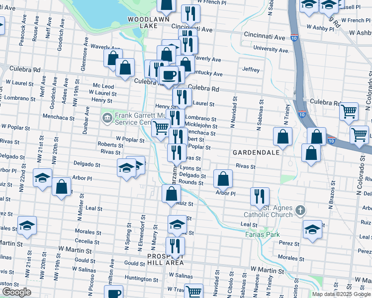 map of restaurants, bars, coffee shops, grocery stores, and more near 2030 West Poplar Street in San Antonio