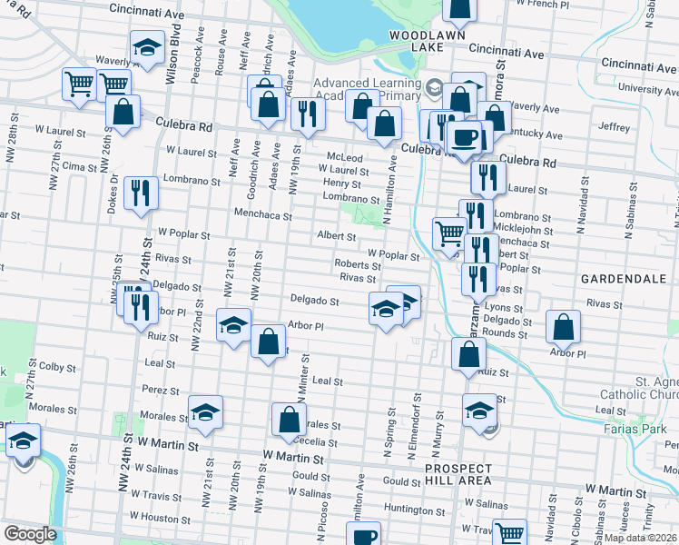 map of restaurants, bars, coffee shops, grocery stores, and more near 1349 Rivas Street in San Antonio