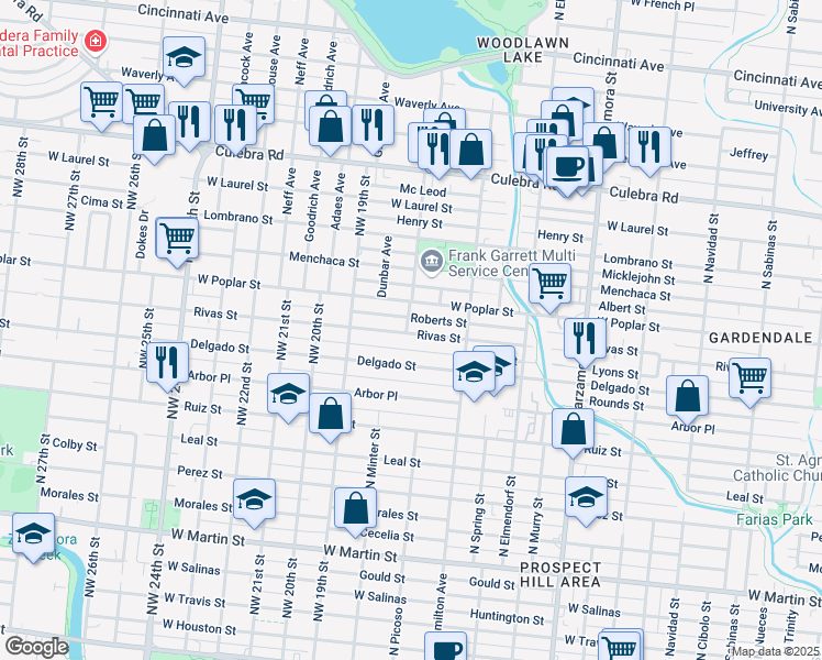 map of restaurants, bars, coffee shops, grocery stores, and more near 1349 Rivas Street in San Antonio