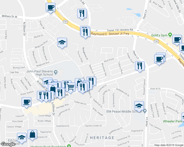 map of restaurants, bars, coffee shops, grocery stores, and more near 9230 Dugas Drive in San Antonio