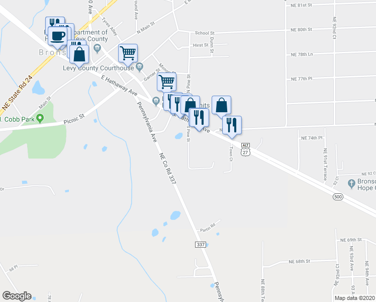 map of restaurants, bars, coffee shops, grocery stores, and more near 687 South Pine Street in Bronson