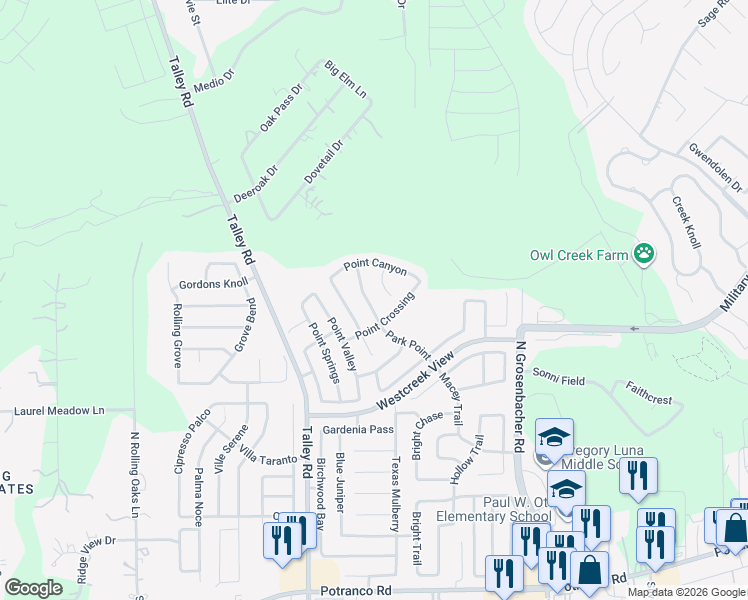 map of restaurants, bars, coffee shops, grocery stores, and more near 726 Park Point in San Antonio
