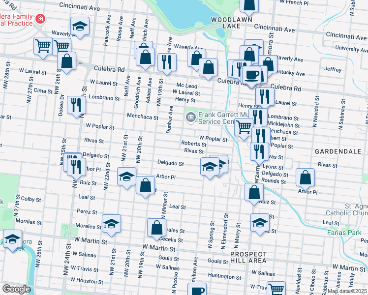map of restaurants, bars, coffee shops, grocery stores, and more near 1349 Rivas Street in San Antonio