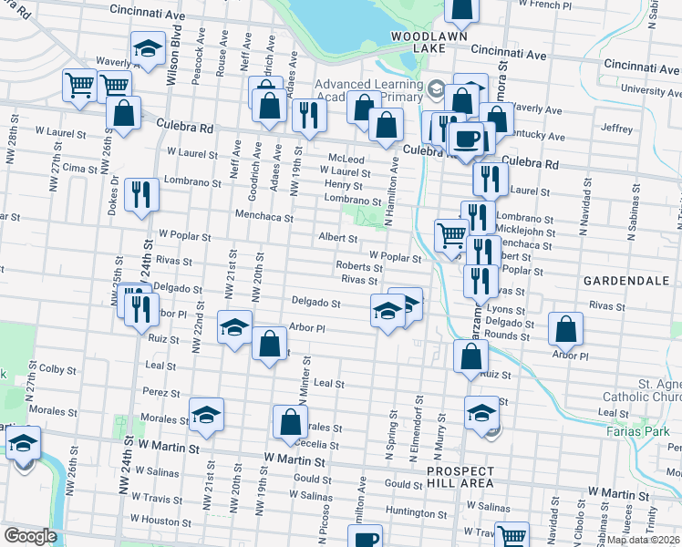 map of restaurants, bars, coffee shops, grocery stores, and more near 1349 Rivas Street in San Antonio