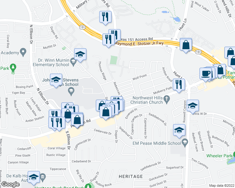 map of restaurants, bars, coffee shops, grocery stores, and more near 9230 Dugas Drive in San Antonio