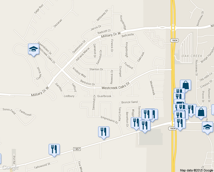 map of restaurants, bars, coffee shops, grocery stores, and more near 11722 Barkston Drive in San Antonio
