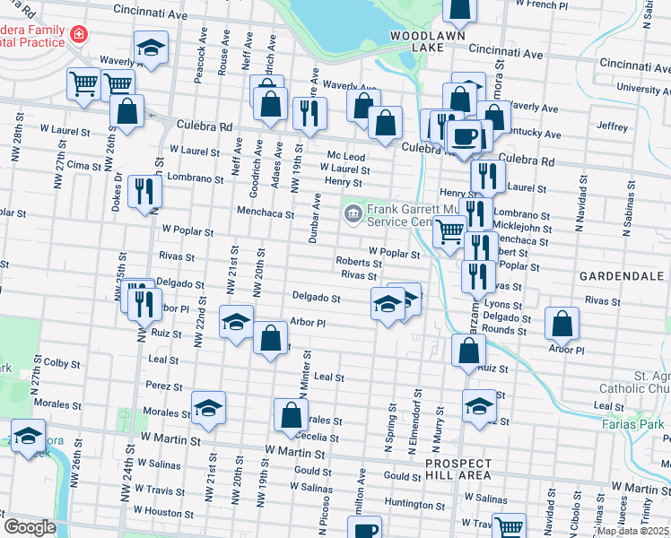 map of restaurants, bars, coffee shops, grocery stores, and more near 1349 Rivas Street in San Antonio