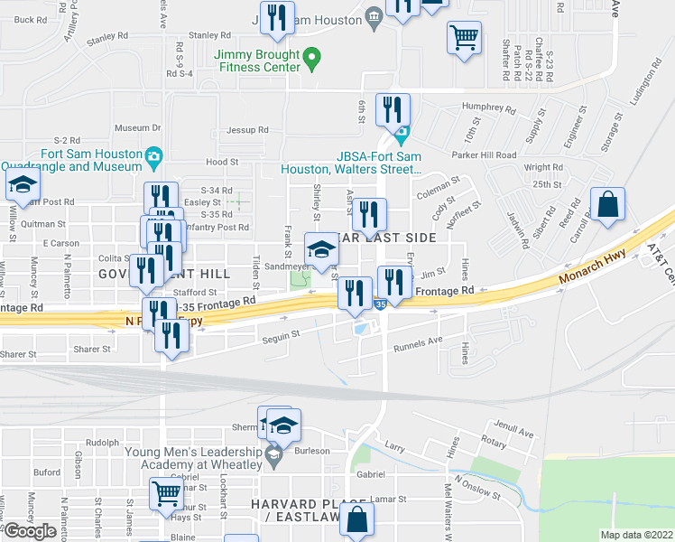 map of restaurants, bars, coffee shops, grocery stores, and more near 702 Sandmeyer Street in San Antonio