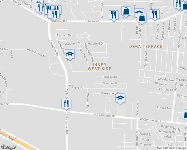 map of restaurants, bars, coffee shops, grocery stores, and more near 5435 Rubidoux Drive in San Antonio