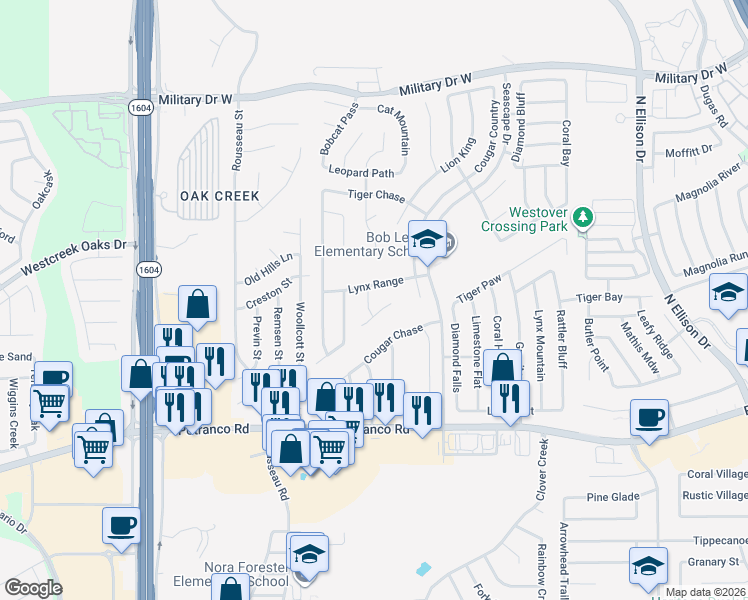 map of restaurants, bars, coffee shops, grocery stores, and more near 820 Cub Path in San Antonio
