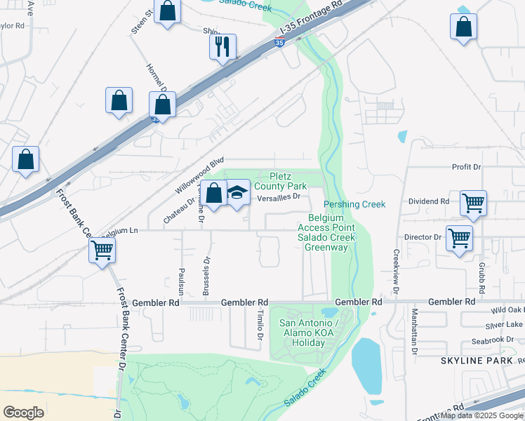 map of restaurants, bars, coffee shops, grocery stores, and more near 1223 Rossolis Drive in San Antonio
