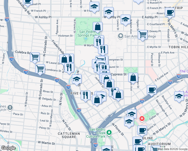 map of restaurants, bars, coffee shops, grocery stores, and more near 606 West Cypress Street in San Antonio
