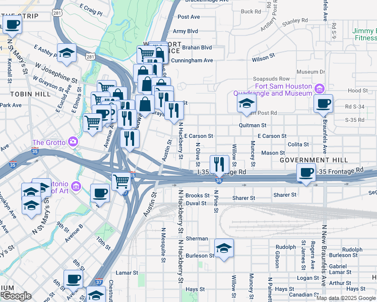 map of restaurants, bars, coffee shops, grocery stores, and more near 215 Mason Street in San Antonio