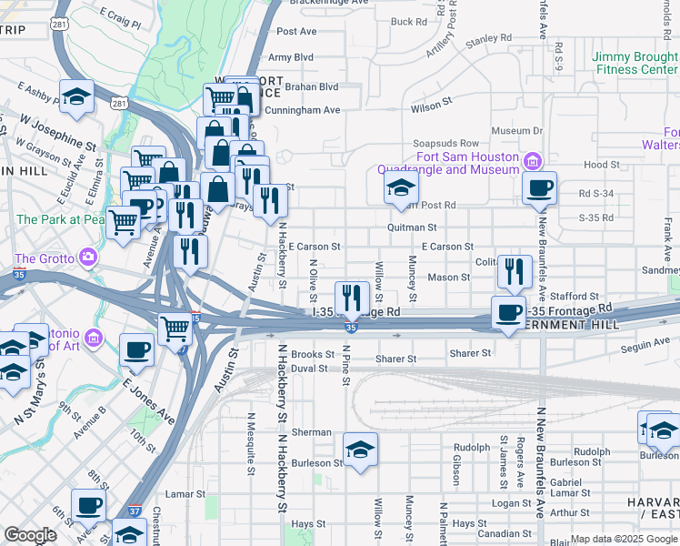 map of restaurants, bars, coffee shops, grocery stores, and more near 329 Mason Street in San Antonio