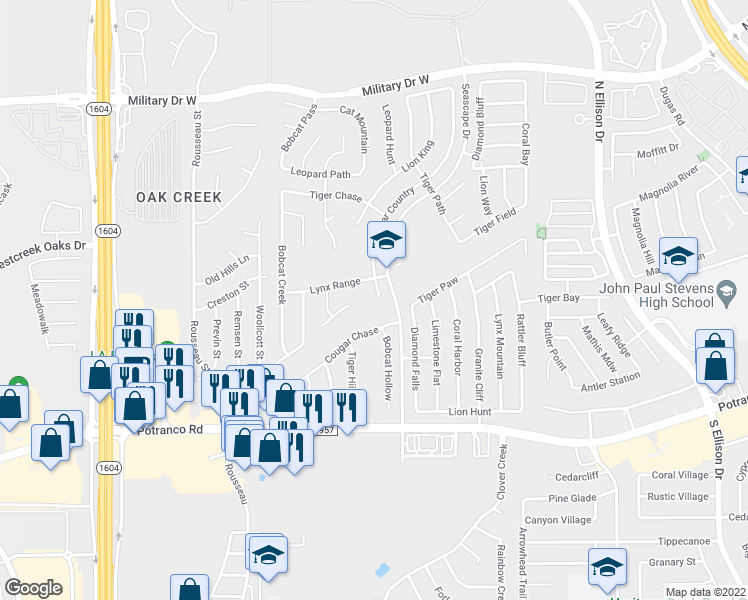 map of restaurants, bars, coffee shops, grocery stores, and more near 803 Cougar Country in San Antonio