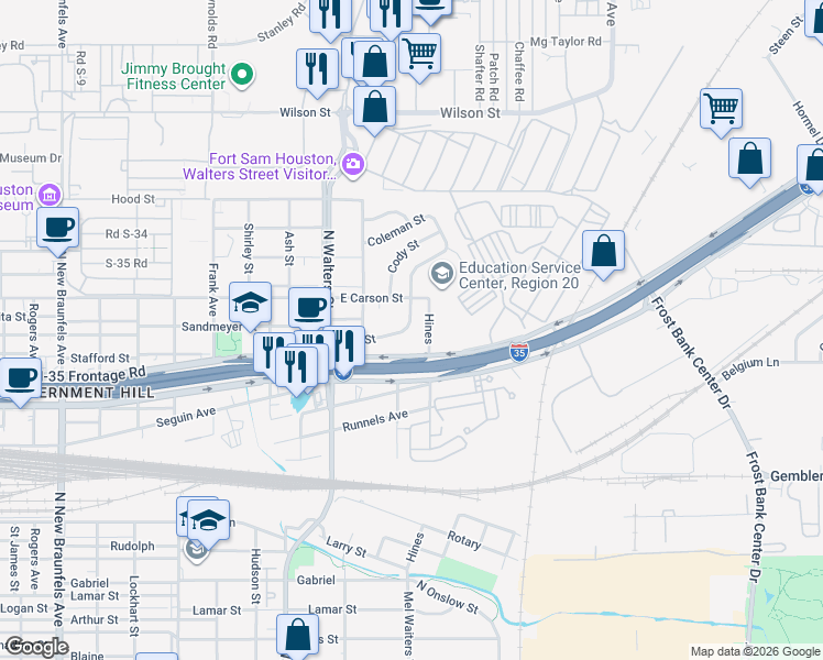 map of restaurants, bars, coffee shops, grocery stores, and more near 323 Jim Street in San Antonio