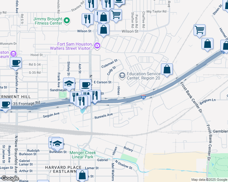 map of restaurants, bars, coffee shops, grocery stores, and more near 323 Jim Street in San Antonio