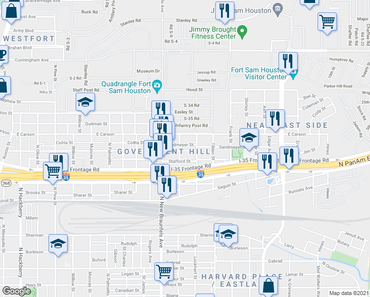 map of restaurants, bars, coffee shops, grocery stores, and more near 1223 Mason Street in San Antonio