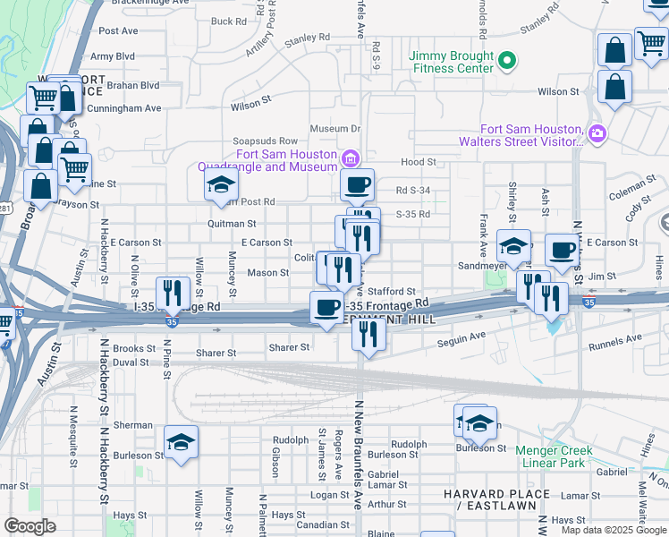 map of restaurants, bars, coffee shops, grocery stores, and more near 1712 North New Braunfels Avenue in San Antonio