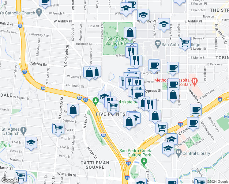 map of restaurants, bars, coffee shops, grocery stores, and more near 225 Woodlief Street in San Antonio