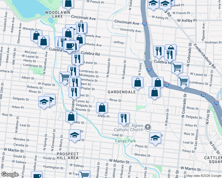map of restaurants, bars, coffee shops, grocery stores, and more near 1831 West Poplar Street in San Antonio