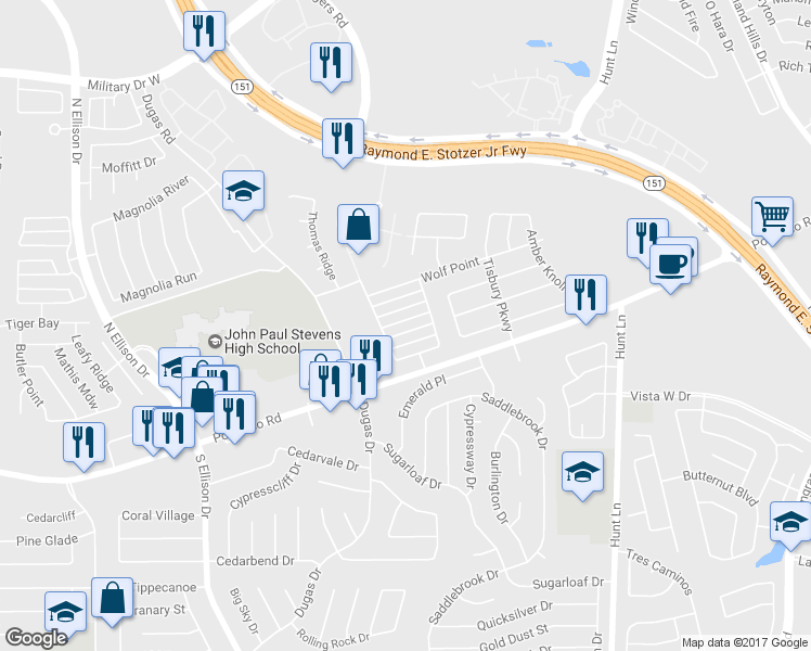 map of restaurants, bars, coffee shops, grocery stores, and more near 9639 Summer Vail in San Antonio