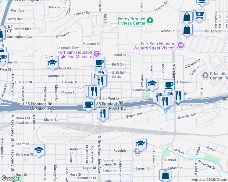 map of restaurants, bars, coffee shops, grocery stores, and more near 1223 Mason Street in San Antonio