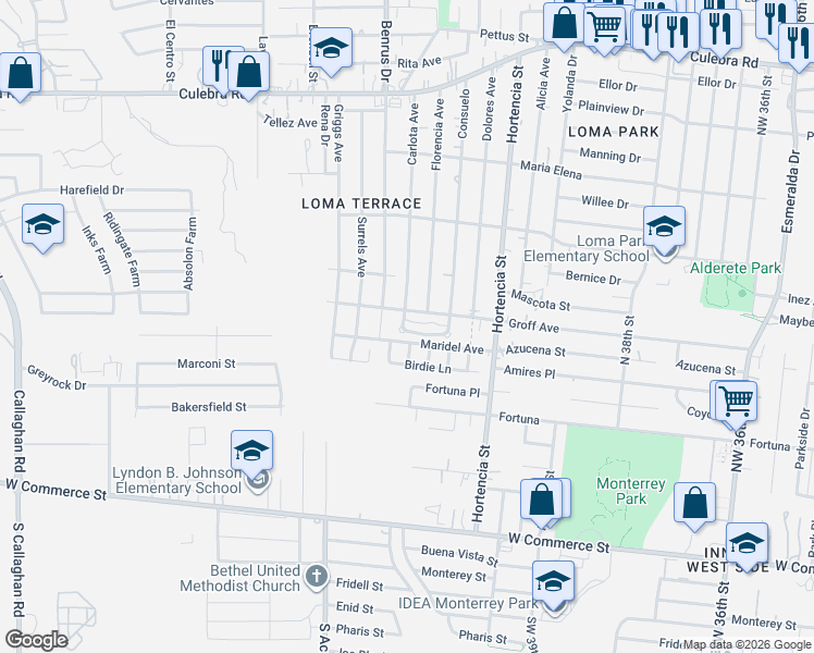 map of restaurants, bars, coffee shops, grocery stores, and more near 739 Camino De Fe in San Antonio