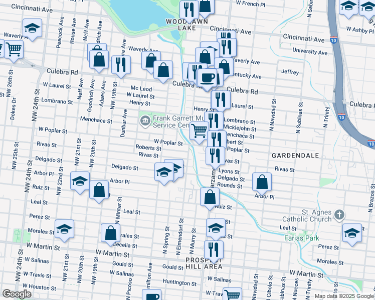 map of restaurants, bars, coffee shops, grocery stores, and more near 1215 North Elmendorf Street in San Antonio