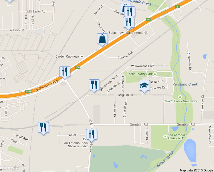 map of restaurants, bars, coffee shops, grocery stores, and more near 3334 Willowwood Blvd in San Antonio